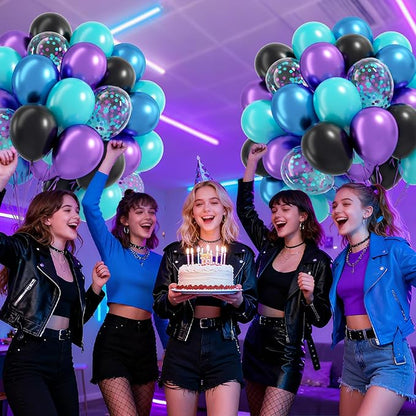 60pcs Blue and Purple Balloons 12inch with Metallic Purple Black Teal Blue Confetti Balloons for Video Game Birthday Party Decorations