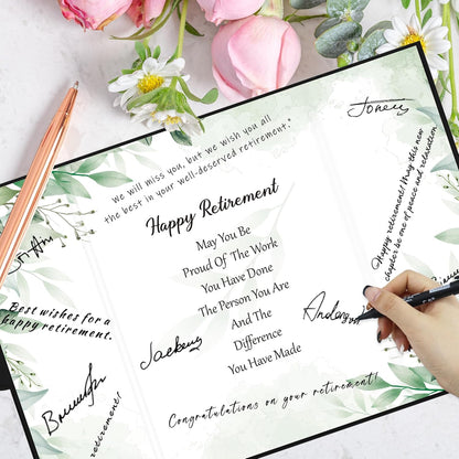 Holkcog Retirement Decorations Watercolor Leaf Retirement Signature Book Best Green Retirement Gift for Woman, Coworkers Friends Retirement Cards Retire Party Decor Guestbooks Supplies Goodbye Cards