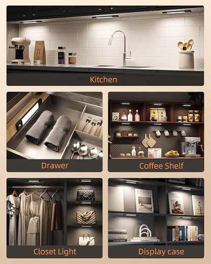 EZVALO Under Cabinet Lighting, Wireless Closet Lights, 50 LED Rechargeable Motion Sensor Light, Dimmable, 3 Color Temperatures, 11.8 in Counter Lights for Kitchen, Pantry, Wardrobe (3 Pcs, Black)