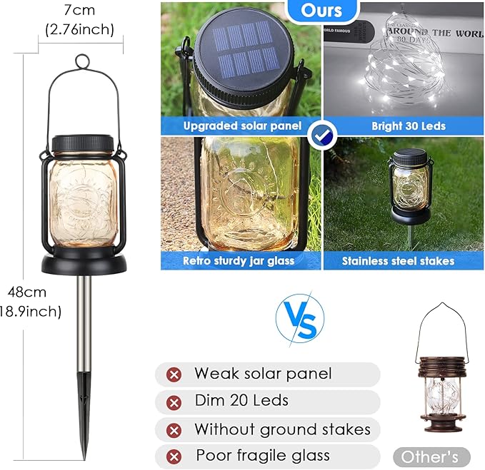 Mlambert Cool White 4 Pack Solar Hanging Mason Jar Lights with Stakes, Waterproof Decorative 30 LEDs Outdoor Solar Lantern Lamp Patio Garden Tree Yard