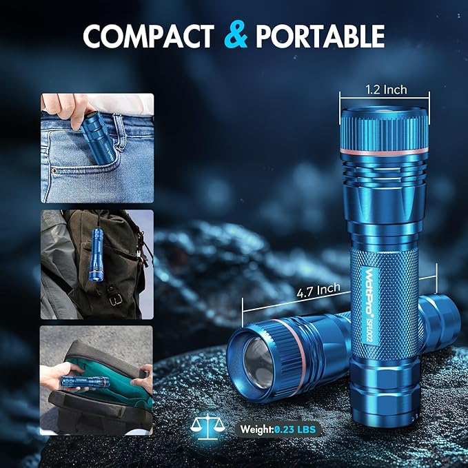 WdtPro Rechargeable Flashlights High Lumens, 1 Pack 10H Long Lasting Super Bright EDC Flashlights, LED Mini Tactical Flash Lights for Camping Emergency, Drop & Water Resistant Blue(Battery Included)