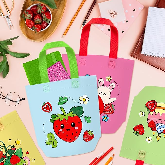 Strawberry Coloring Goodie Bags for Kids - 24Pcs Valentine's Day Strawberry Bulk Color Your Own Gift Bags with Handle FruitsTheme Reusable Coloring Bag Non Woven Tote Bag for DIY Crafts Party Favors