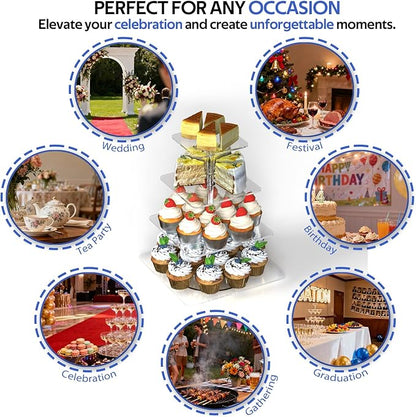 4-Tier Rotating Cupcake Stand, Clear Acrylic 360° Spinning Dessert Display Tower for Cakes & Pastries, Serving Stand for Weddings, Birthdays, Parties - Square