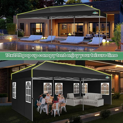 COBIZI 10x20 Pop Up Canopy Tent with 6 Removable Sidewalls, One Push Party Tent Outdoor Waterproof Event Canopy with Air Vent for Parties Commercial Wedding, 3 Height, Carry Bag, Sandbag, Black