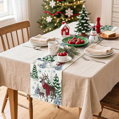 Artscope Reindeer Snowman Christmas Tree Table Runner, Xmas Winter Snowflakes Holiday Kitchen Dining Table Decoration for Christmas Home Party Decor 13x36 Inch-Beige
