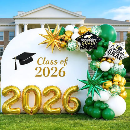 Green White Gold Balloon Arch Kit, Graduation Balloons Garland, 2026 Graduation Decorations Green Gold and White Balloons with Foil Star Balloon for Class of 2026 ollege High School Party Decor