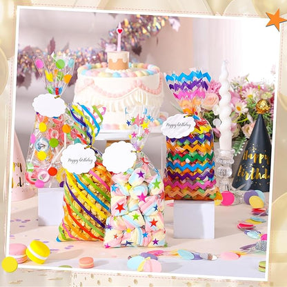 woric 100 Set Rainbow Cellophane Treat Bags 5 x 10.6 Inch Clear Candy Party Favor Bags with 100 Gift Tags and Twist Ties for Mother's Day Rainbow Colorful Party Baby Shower Decorations