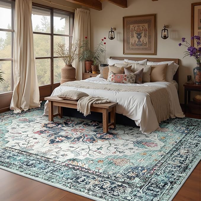 RELEANY Area Rugs 10'x12' Washable Non-Slip, Floral Vintage Distress Print Pattern Medallion Carpet for Living Room Bedroom Dining Room, Green Navy Blue White Red Teal Colorful