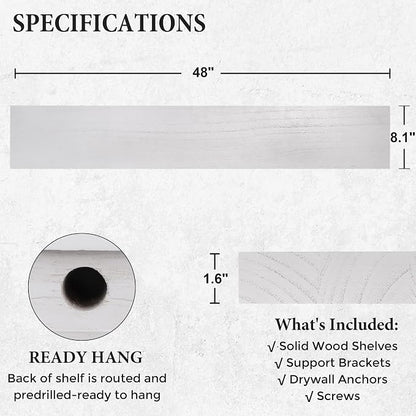 Axeman Floating Shelves, 8 Inch Deep Rustic Solid Wood Wall Shelves for Storage, Wall Mounted Display Shelving with Invisible Heavy-Duty Metal Bracket, 48" W x 8" D x 1.6" H, Distressed White