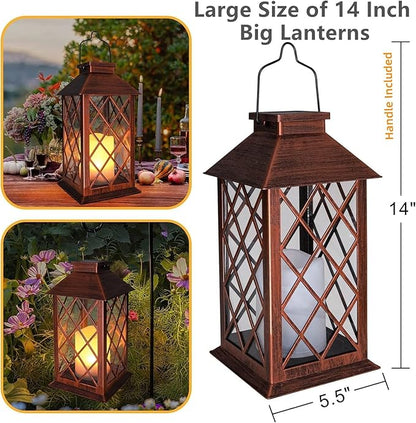 [2 Pack] TAKE ME 14" Solar Lantern Outdoor Garden Hanging Lantern Waterproof LED Flickering Flameless Candle Mission Lights for Table,Outdoor, Mothers Day Gifts Mom Wife