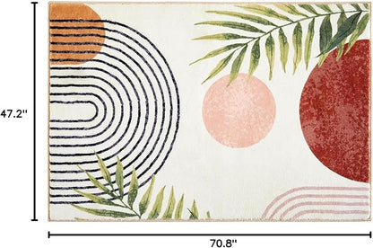 RoomTalks Mid Century Modern Washable Rug, Boho Cute Aesthetic 4x6 Area Rugs for Bedroom Dining Living Room Kitchen, Abstract Tropical Leaves Non Slip Thin Indoor Entryway Rug Accent Floor Carpet