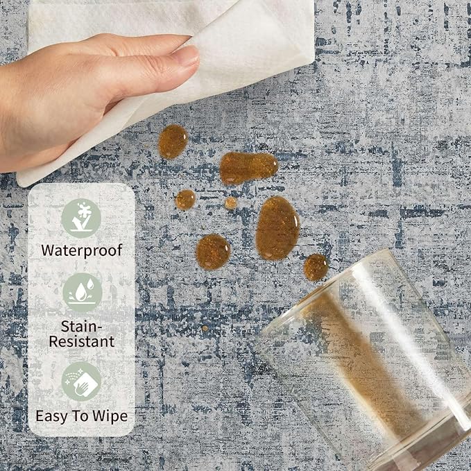 Rugxara 3x5 Washable Entryway Rug, Non Slip Boho Runner Rugs for Hallway, Entrance, Kitchen, Bathroom, Laundry Room, Soft Entryway Carpet, Throw Low Pile Retro Imitation Wool Carpet, Blue Grey