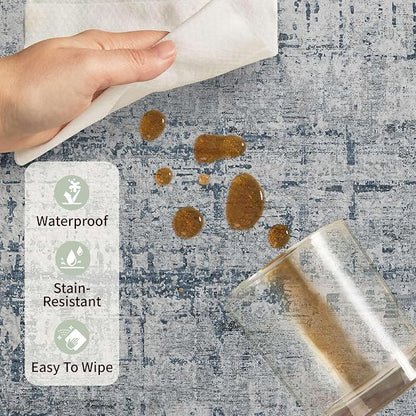 Rugxara 3x5 Washable Entryway Rug, Non Slip Boho Runner Rugs for Hallway, Entrance, Kitchen, Bathroom, Laundry Room, Soft Entryway Carpet, Throw Low Pile Retro Imitation Wool Carpet, Blue Grey
