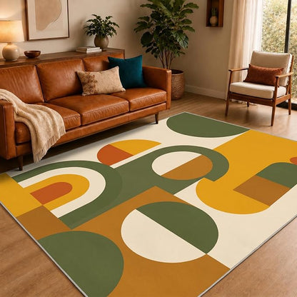 Mid Century Area Rug 5x8, Home Decor | Olive Mustard Bauhaus Circle, Retro Geometric Rug for Living Room, Bedroom, Home Office, Non Slip, Washable, Low Pile