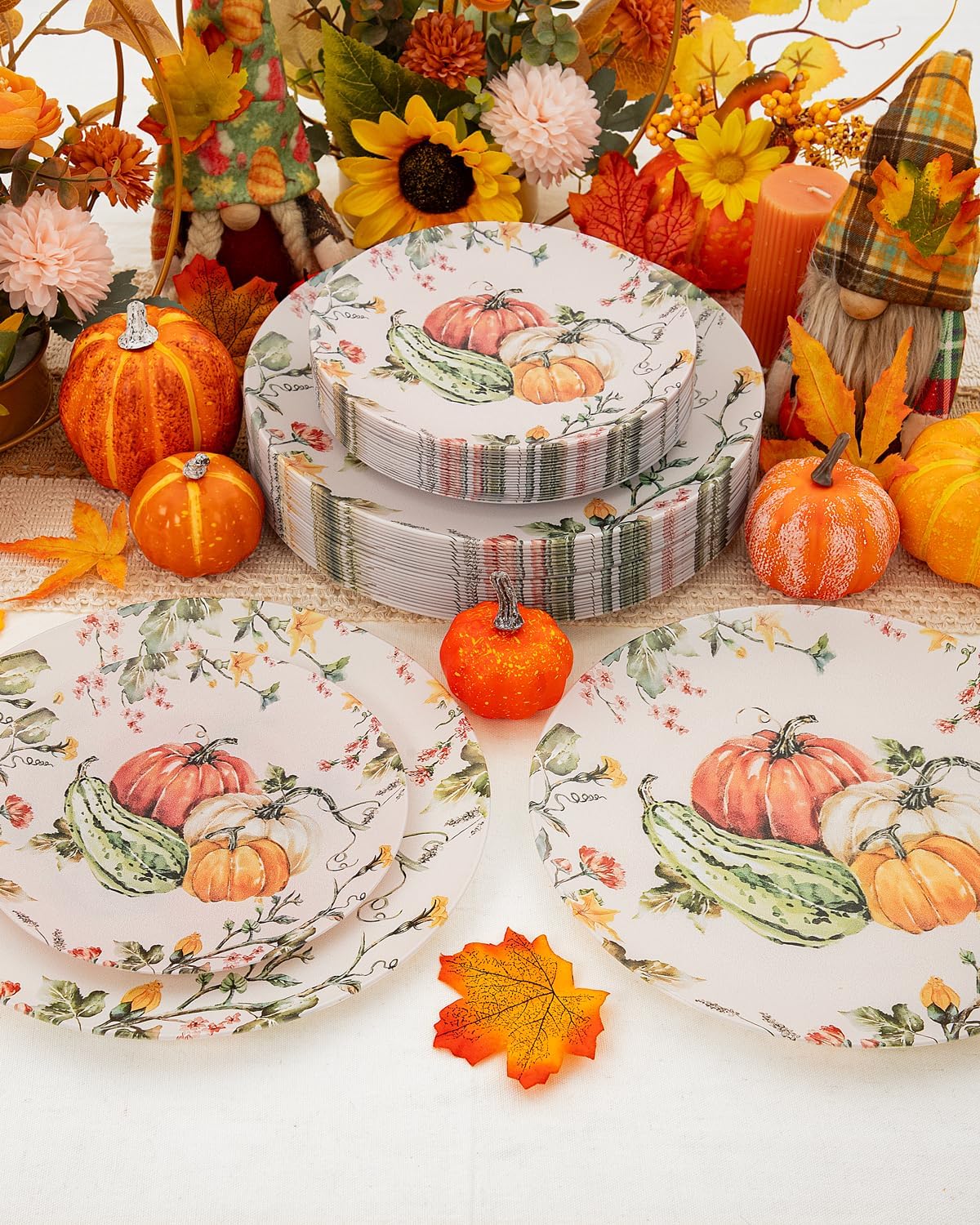 LIYH 60 Pcs Thanksgiving Plates Disposable Heavy Duty Thanksgiving Pumpkin Plastic Plates Fall Plastic Plate Include 30 10.25" Dinner & 30 7.5" Dessert Plate