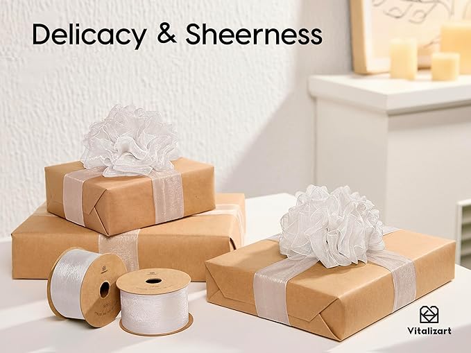 Vitalizart White Organza Ribbon 1.5" x 30 Yd Sheer Ribbons for Gift Wrapping Crafts Christmas Party Decor Bows Wedding Invitations Wreaths Bouquet