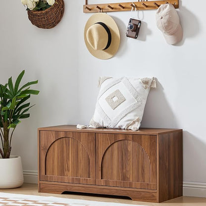 BERRYMERRY 39.4" Fluted Shoe Storage Bench for Entryway,2 Tier Shoe Cabinet Bench with Adjustable Shelf,Bench for Bedroom End of Bed (Walnut, 13.8”D x 39.4”W x 18.5”H)