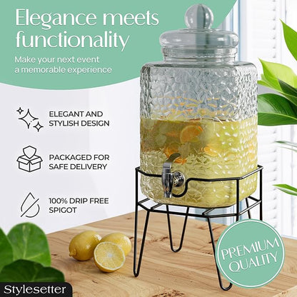 Style Setter Premium Glass Drink Dispensers with Metal Stand for Parties – Beverage Dispenser Set for Cold Drinks, Lemonade, Cocktails, Juice – Party Glass Drink Dispenser Station, Set of 1-1.5 Gal