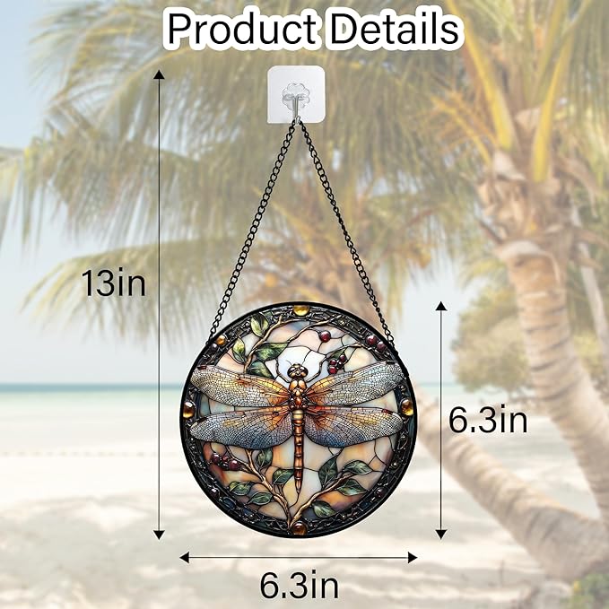 Stained Glass Window Hanging - Dragonfly Plant Suncatcher Ready to Hang Window Doors Home Decoration, Christmas, Mother's Day Birthday Gifts for Women, Men, and Mom 6.3X6.3IN