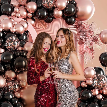 132pcs Rose Gold and Black Balloon Arch Kit, Metallic Rose Gold and Black Balloons Different Sizes of 18 12 10 Inch with Confetti Balloon for Wedding Graduation Baby Shower Birthday Party Decoration