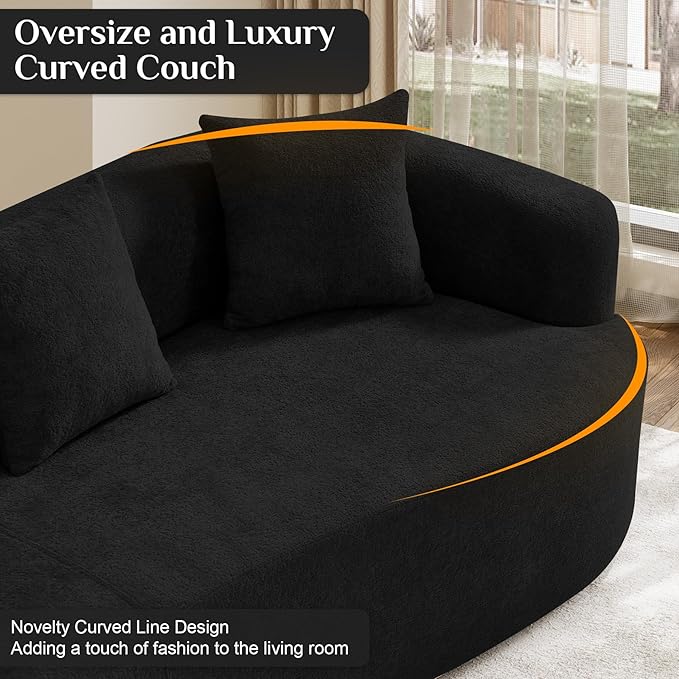 Oversized Sectional Sofa for Living Room, Modern Luxury Plush Chenille 4-Seater Extra Deep & Wide Seat Curved Cloud Couch with 4 Throw Pillows, No Assembly Needed, Black