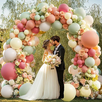 Pink And Green Balloons Arch Kit, Double Stuffed Pastel Balloons with Sage Green Pink Peach Light Yellow Ivory White Sand Color Balloon Garland for Bear Wildflower Birthday Wedding Party Decorations