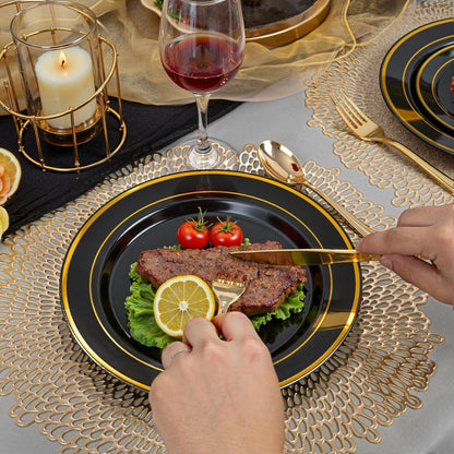 WDF 200PCS Black and Gold Plastic Plates - Black Plates Disposable for Party - Heavy Duty Plastic Plate for New Year