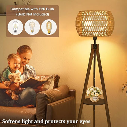 LAMSU Boho Tripod Floor Lamps for Living Room, Wood Floor Lamp with Shelf, Mid Century Modern Standing Lamp with Rattan Shades, Foot Switch, Rustic Farmhouse Tall Lamps for Bedroom Office, Brown