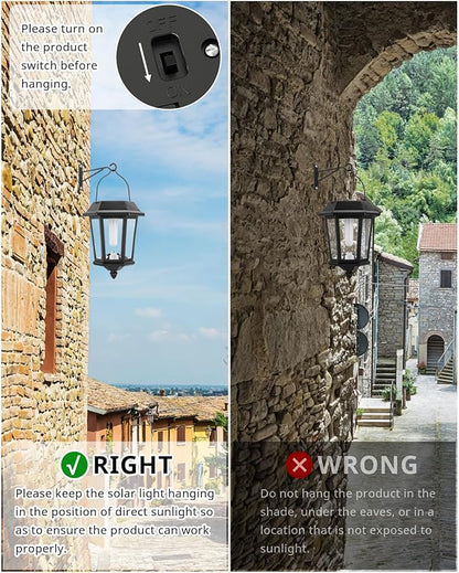 Solar Lanterns Outdoor Waterproof, Hanging Solar Lights with Glass Shade - 2 Pack LED Metal Wall Mount Outdoor Light for Yard/Garden/Patio - Flame
