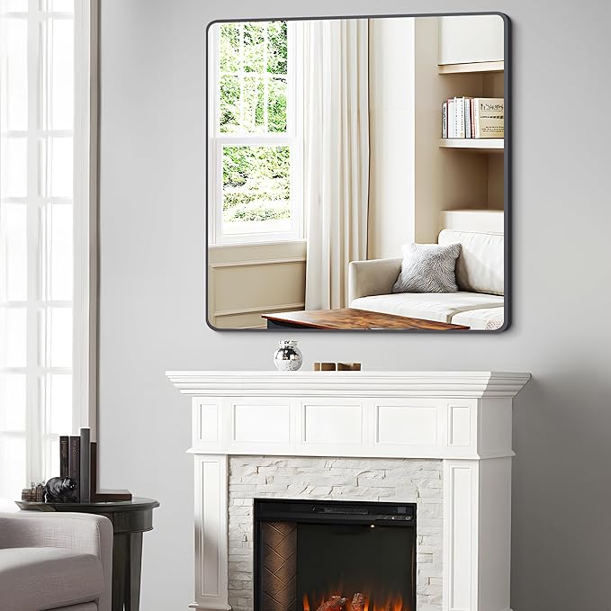 FORBATH Bathroom Mirror 36" x 36"，Large Square Wall Mirror with Black Aluminum Frame Rounded Corner, Wall Mounted Mirror for Bathroom Bedroom Entryway Living Room