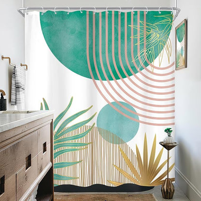 KOMLLEX Mid Century Green Pink Boho Shower Curtain 60Wx72L Inches Abstract Modern Shower Curtains for Bathroom Decor Plant Botanical Minimalist Arch Sun Fabric Liner Waterproof Polyester 12 Pack Hooks