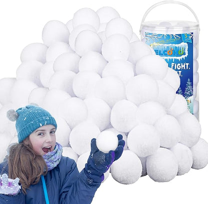 Elcoho 100 Pieces 2 Inch Artificial Snow Toy Ball Set with Bucket for Storage Kids Snow Fight Ball Realistic Snow White Plush Toss Ball for Kids Toss Game Winter Snow Fight Indoor Outdoor Xmas Decor