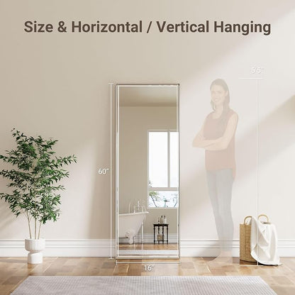 16x60 Inch Brushed Nickel Rectangle Full Length Mirror with Beveled Edges, Anti‑Rust Standing or Wall Mounted Full Body Mirror for Bedroom, Living Room, Entryway, Bathroom Wall