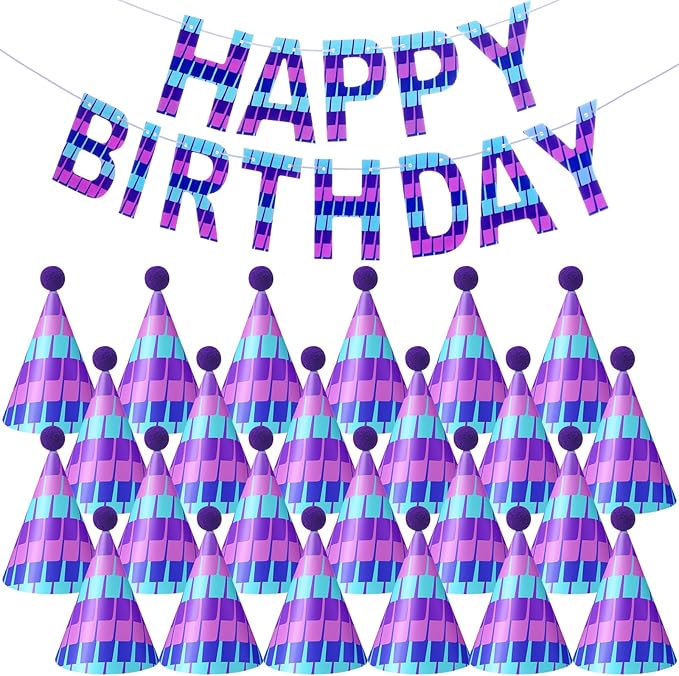AmazingSpark 25 Pcs Video Game Birthday Party Decorations Set 24 Happy Birthday Hats with Pompoms 1 Banner for Blue and Purple Pixel Gaming Party Decorations