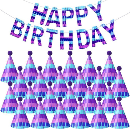 AmazingSpark 25 Pcs Video Game Birthday Party Decorations Set 24 Happy Birthday Hats with Pompoms 1 Banner for Blue and Purple Pixel Gaming Party Decorations