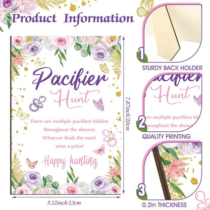 Thyle 51 Pcs Pacifier Hunt Baby Shower Games Include Hunt Sign and 50 Acrylic Pacifiers for Baby Shower Game Decoration Gift Sets Gender Reveal Party Decor(Butterfly)