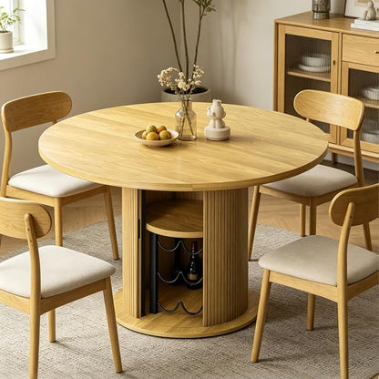Wildhome Round Dining Table for 2-4, 31 Inch Dining Room Kitchen Table with 2-Tier Storage Shelf & Wine Rack, Modern Farmhouse Fluted Wood Slide Door Dinner Furniture,Circle(Non scalable-32 Inch-Oak)