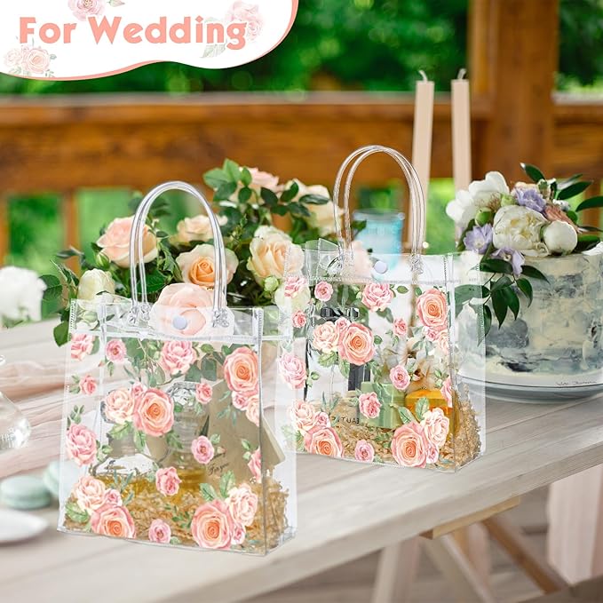 Aliceset 20 Pcs Mother's Day Clear Floral Gift Bags with Handles Flower Rose Party Goodie PVC Treat Bags for Tea Party Baby Shower Birthday Bridal Shower, 8 x 8 x 3.15 Inch
