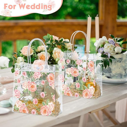 Aliceset 20 Pcs Mother's Day Clear Floral Gift Bags with Handles Flower Rose Party Goodie PVC Treat Bags for Tea Party Baby Shower Birthday Bridal Shower, 8 x 8 x 3.15 Inch