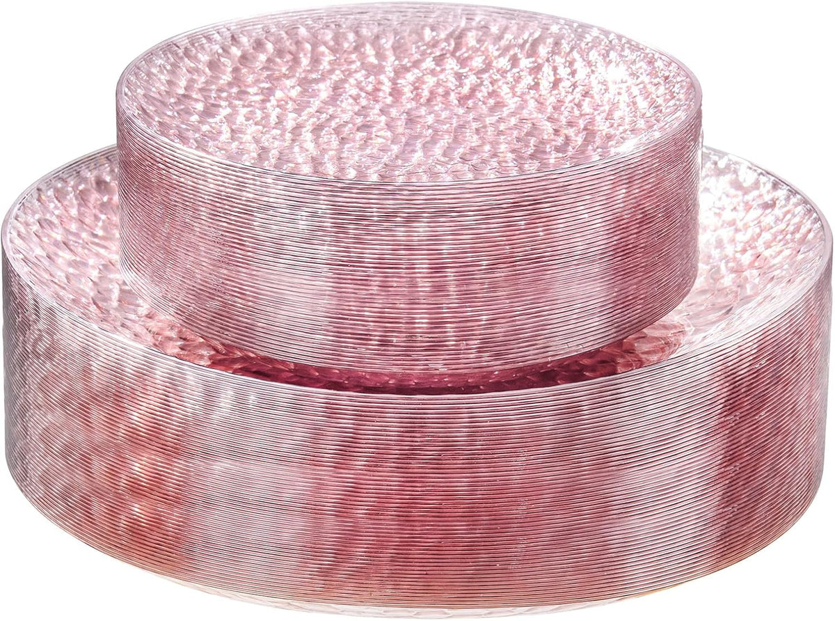 Rubtlamp 60PCS Pink Plastic Plates, Disposable Pink Plates with Hammered Design, Heavy Duty Plastic Platos Fancy Party Platos Include 30 Dessert Plate & 30 Dinner Plate for Bridal Wedding