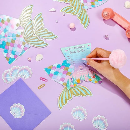 Hotop 24 Sets Mermaid Birthday Invitations with Envelopes and Mermaid Stickers Glitter Mermaid Invitations for Kids Birthday Party Baby Shower Mermaid Themed Party Supplies Pool Party