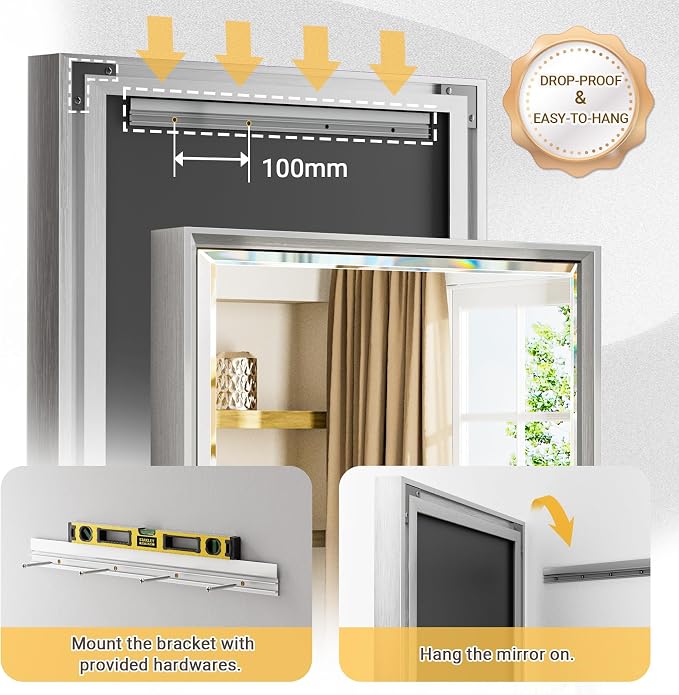 48 x 36 Silver Bathroom Mirror, Large Beveled Silver Bathroom Vanity Mirror, Shatterproof Silver Rectangle Mirror, Silver Metal Framed Mirror for Bathroom Wall, Anti-Rust(Vertical/Horizontal)
