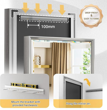 48 x 36 Silver Bathroom Mirror, Large Beveled Silver Bathroom Vanity Mirror, Shatterproof Silver Rectangle Mirror, Silver Metal Framed Mirror for Bathroom Wall, Anti-Rust(Vertical/Horizontal)