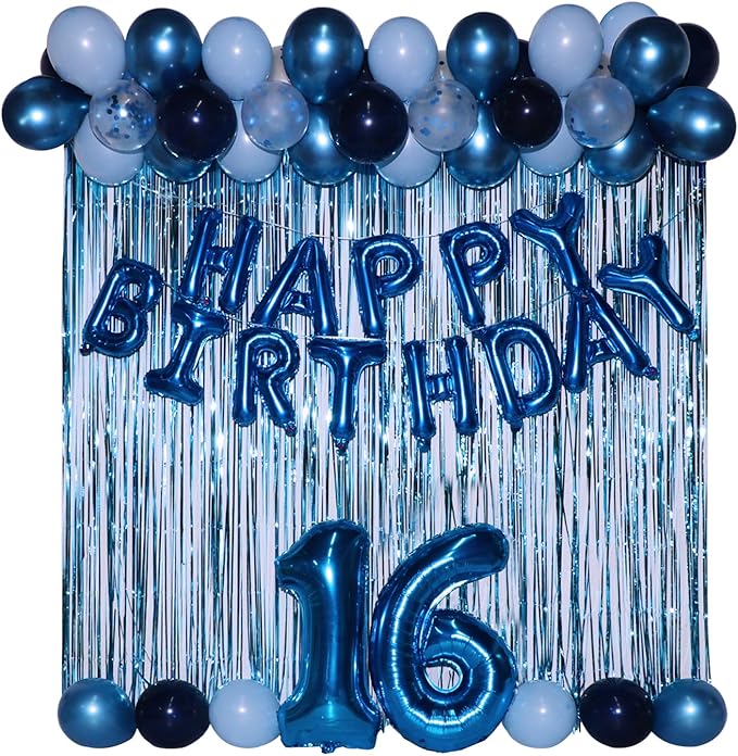 16th Birthday Decorations for Boys 16th Birthday Balloons 16 Cake Topper Happy Birthday Banner Blue Streamers Happy 16th Birthday Decorations