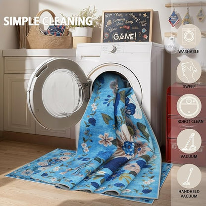 Floral Machine Washable Rug, 3x5 Rug Non Slip Soft Bedroom Rugs for Entryway Dorm, Ultra-Thin Rugs for Bedroom Stain Resistan(3 x 5, Blue Garden)