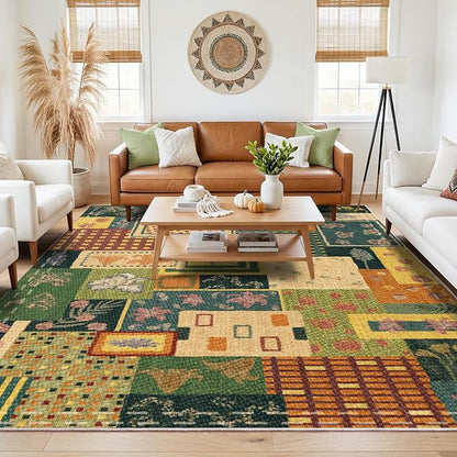 6x9 Flowers Patchwork Area Rugs for Living Room, Large Soft Faux Wool Rug for Bedroom, Green Boho Carpet, Non-Slip Low Pile Washable Rug for Dining Room Office Home Hardwood Floor