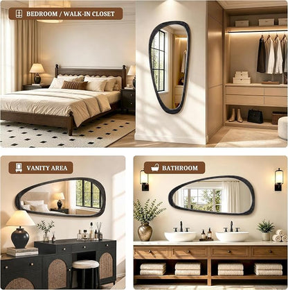 Asymmetrical Mirror, 48"x22" Irregular Mirror Full Length, Wood Wall Mirror for Bathroom Bedroom Living Room Entryway Hallway, Mid Century Modern Decor (Black)