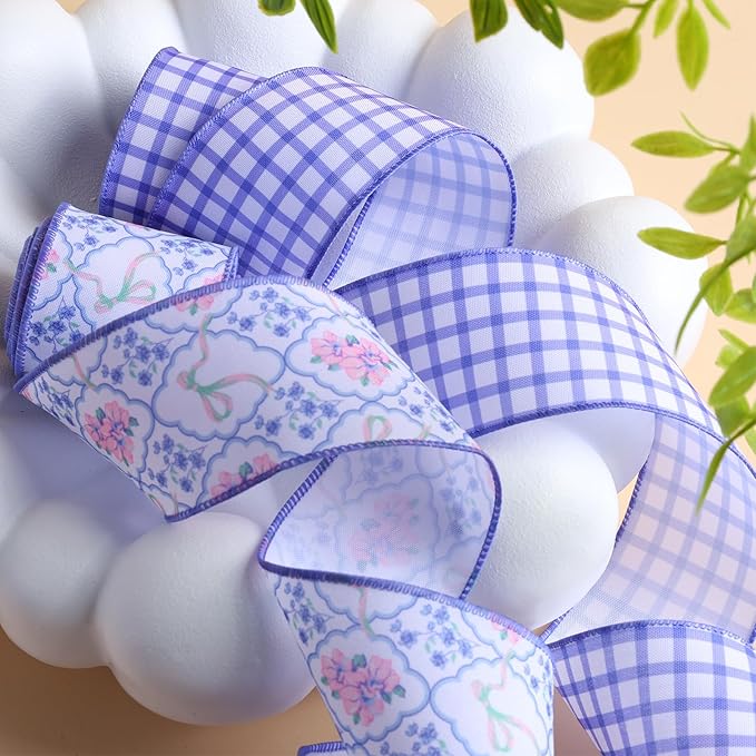 LaRibbons Floral Ribbon Wired 2.5 Inch x 6 Yards, 2 Rolls Purple Flower & Gingham Ribbon Set for Spring Wreaths, Gift Wrapping, Bow Making, Home Decor