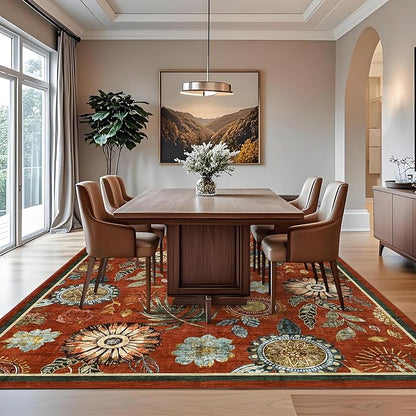 Washable 8x10 Modern Floral Area Rug Ultra Soft Thin Bedroom Carpet Non Shed Large Rugs Non Slip Living Room Rustic Rug Stain Resistant Indoor Home Decor Carpet for Farmhouse Dining Room, Brick Red