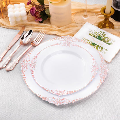 100 PCS White and Rose Gold Plastic Plates for 50 Guests, Rose Gold Disposable Plates Include 50 PCS Dinner Plates, 50 PCS Dessert Plates for Party, Wedding and Baby Shower